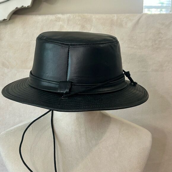 Vintage Fedora Hat Women's Size Med Color Black Leather USA Attached chin strap - Picture 3 of 11